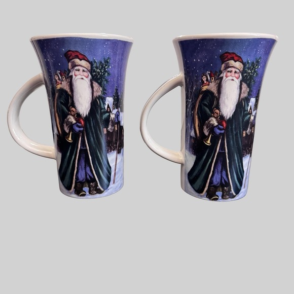 Christmas Holiday Santa Tall Latte Mugs Set Blue Dishwasher Microwave Safe Cups - Picture 3 of 13